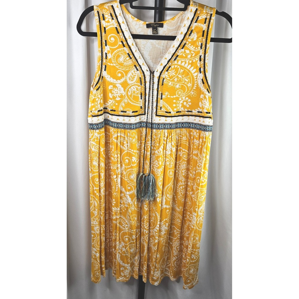 Women's‎ Cupio Sleeveless Dress Paisley Print Tassel Detail Boho Yellow Size S